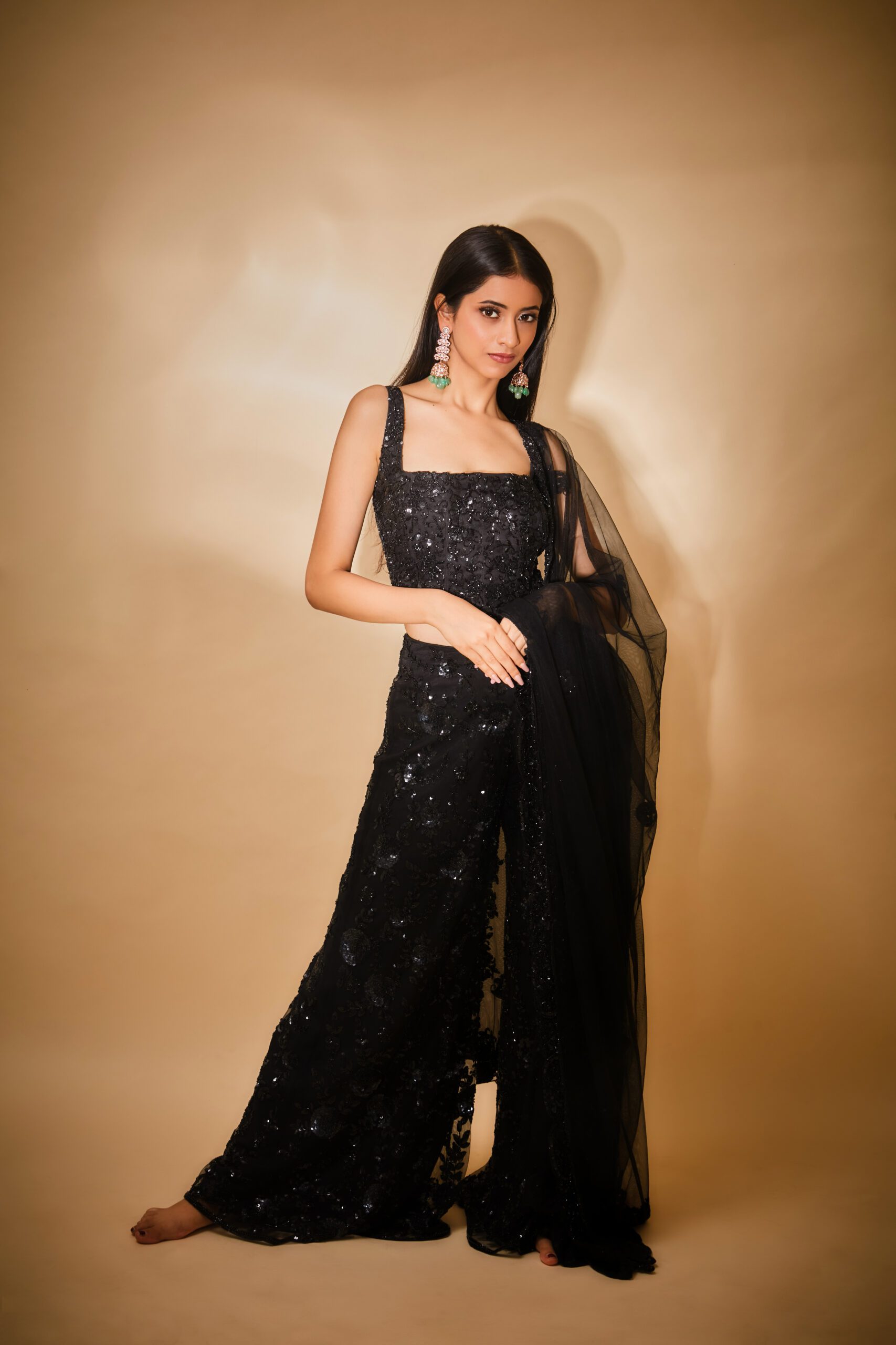 Hand embroidered corset with flared pants and keri dupatta