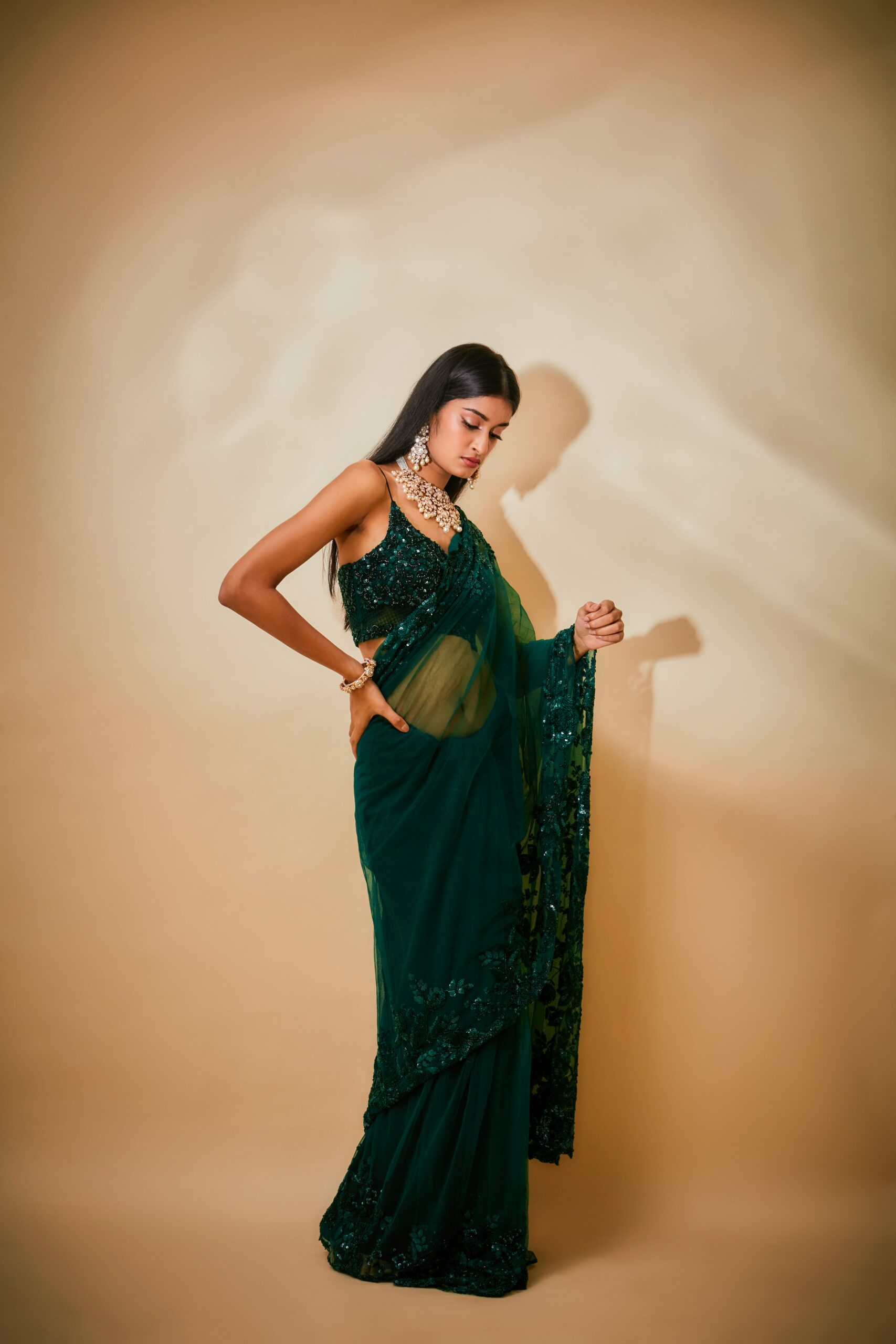Emerald Green Georgette Saree with delicate hand embroidery