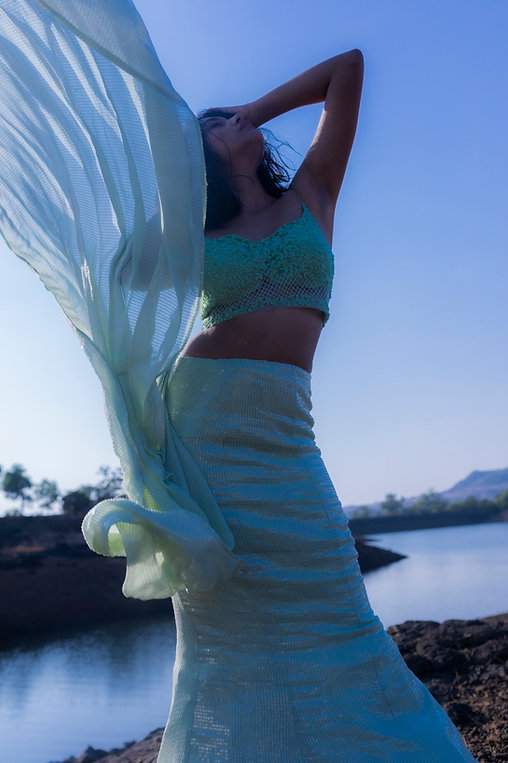 Hand embroidered mint blouse with pre draped sequin saree